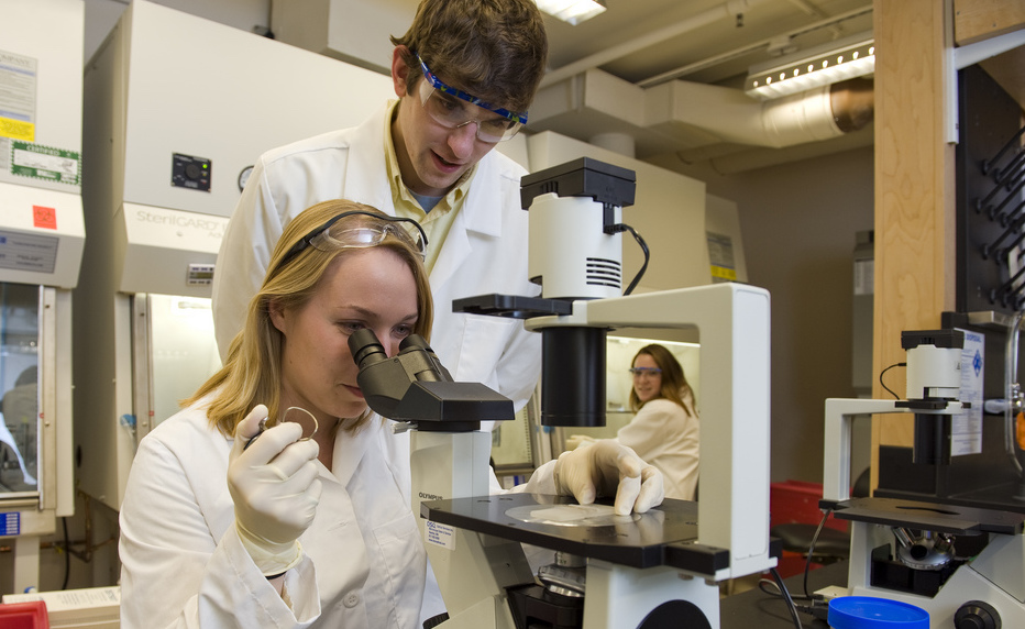 A researcher in a white lab coat uses a microscope while two other people look on.